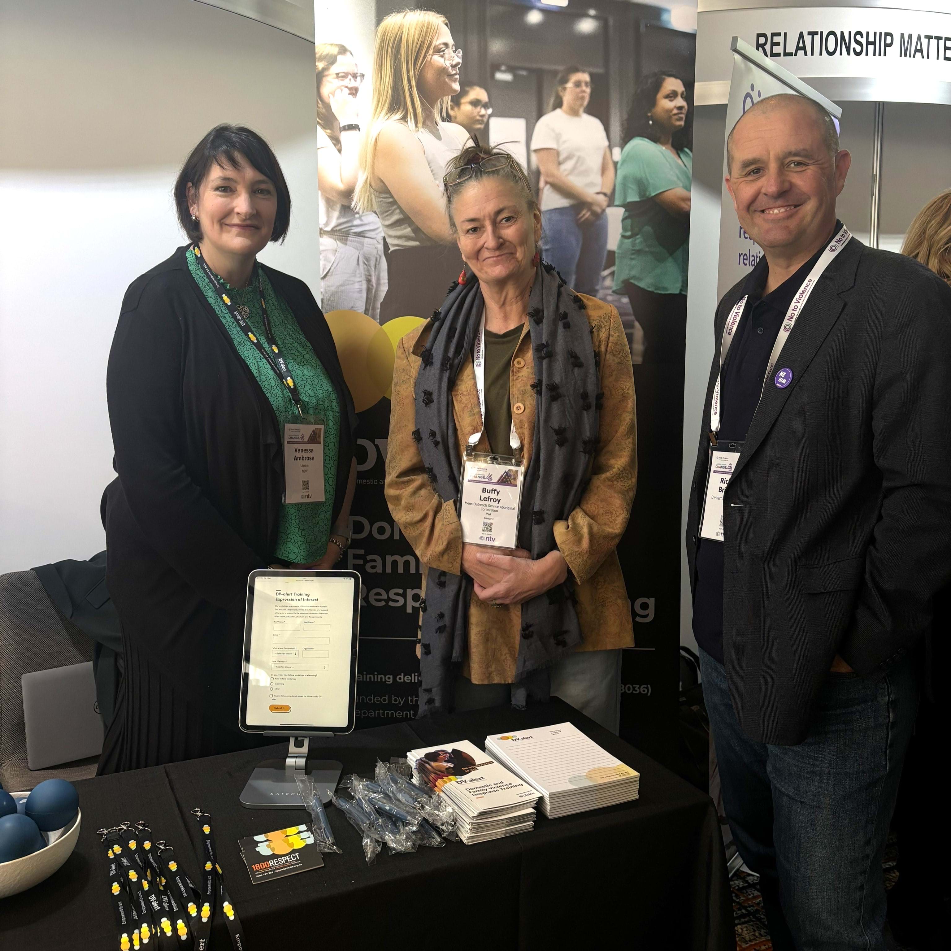 Buffy Lefroy (middle) with DV-alert National Manager, Vanessa Ambrose, and Lifeline National Manager of Grant Management and Delivery, Richard Brimble, at the 2024 No To Violence Conference.